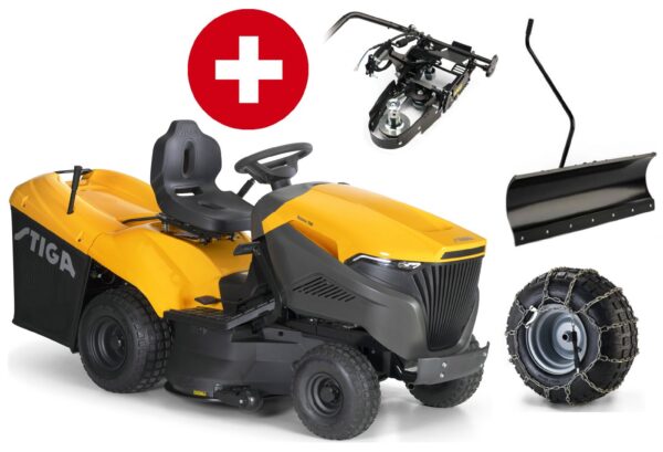 Stiga Rasentraktor Estate 798 – Winterpaket mit 120 cm Schneeschild, PTO-Kit und Schneeketten