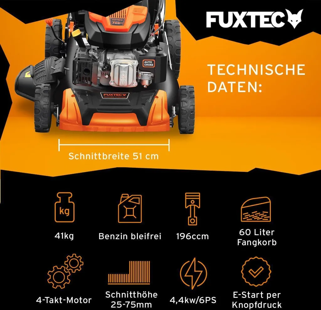 fuxtec benzin rasenmäher fx rm5196espro 196ccm | 51cm | 6ps | mit antrieb + e start + flexspeed | 36kg | 60l | seitenauswurf |ab 1001m² fuxtec benzin rasenmäher fx rm5196espro 196ccm | 51cm | 6ps | mit antrieb + e start + flexspeed | 36kg | 60l | seitenauswurf |ab 1001m²